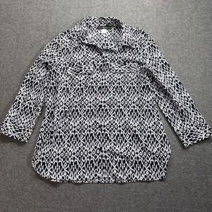 Fred David Women's Button Long Sleeve Top Blouse Black White Size Medium